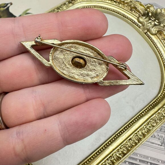 Vintage Jewelry Art Deco Black and Gold Tone Rhinestone Modern Brooch - Picture 9 of 14